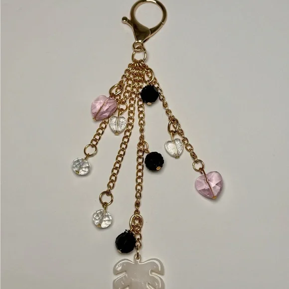 Gold Leaf Heart Beaded Key Chain Pink Black Acrylic Accent for Women - Picture 3 of 8